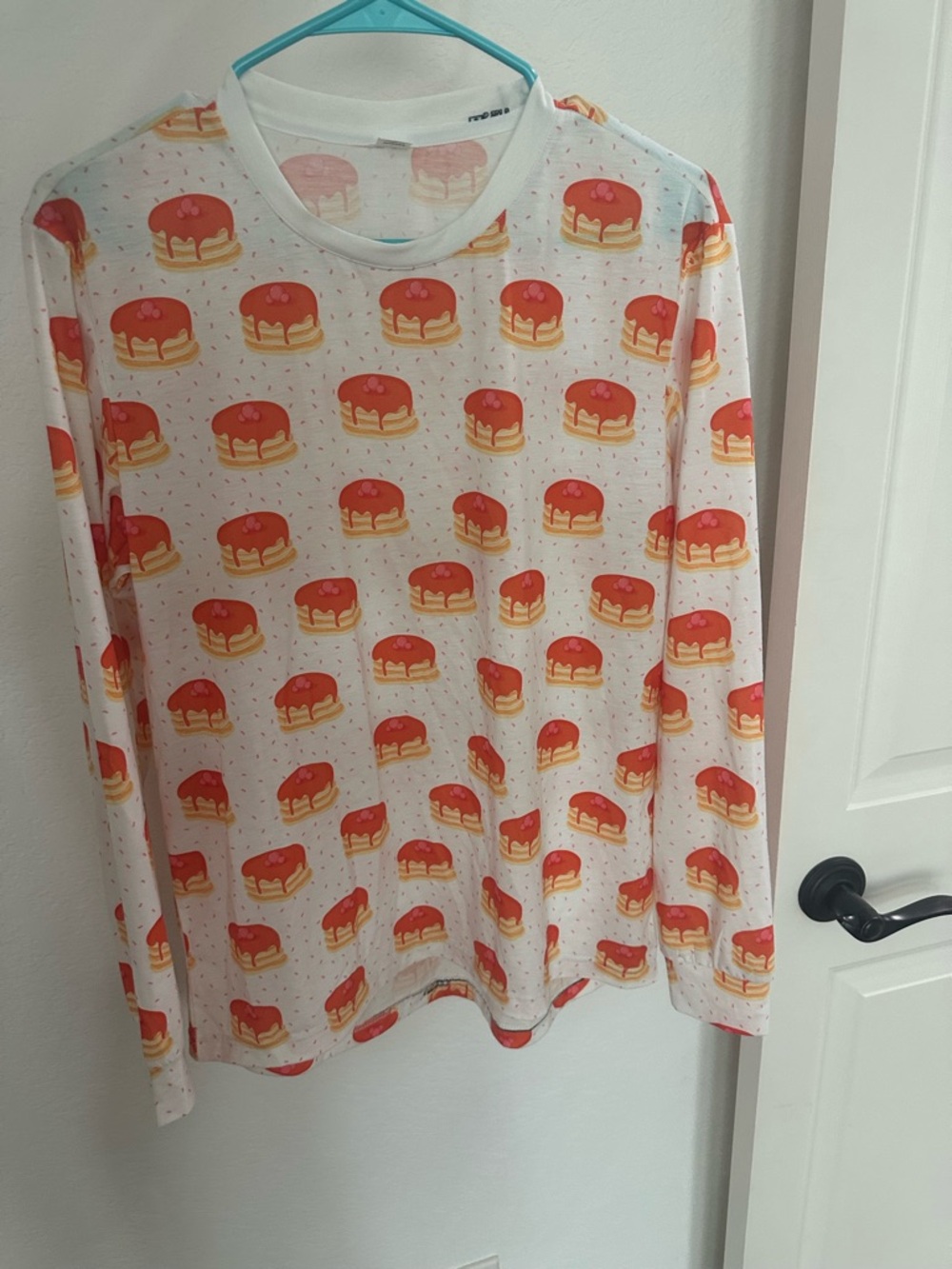 Pancake Party PJs - White Long Sleeve Tee with Red & Yellow Pancake Print